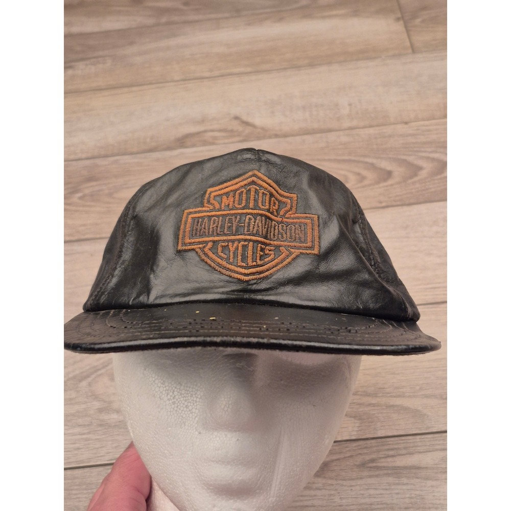 Harley Davidson Vintage Black Leather Baseball Cap Hat Biker Bar Shield Logo‎